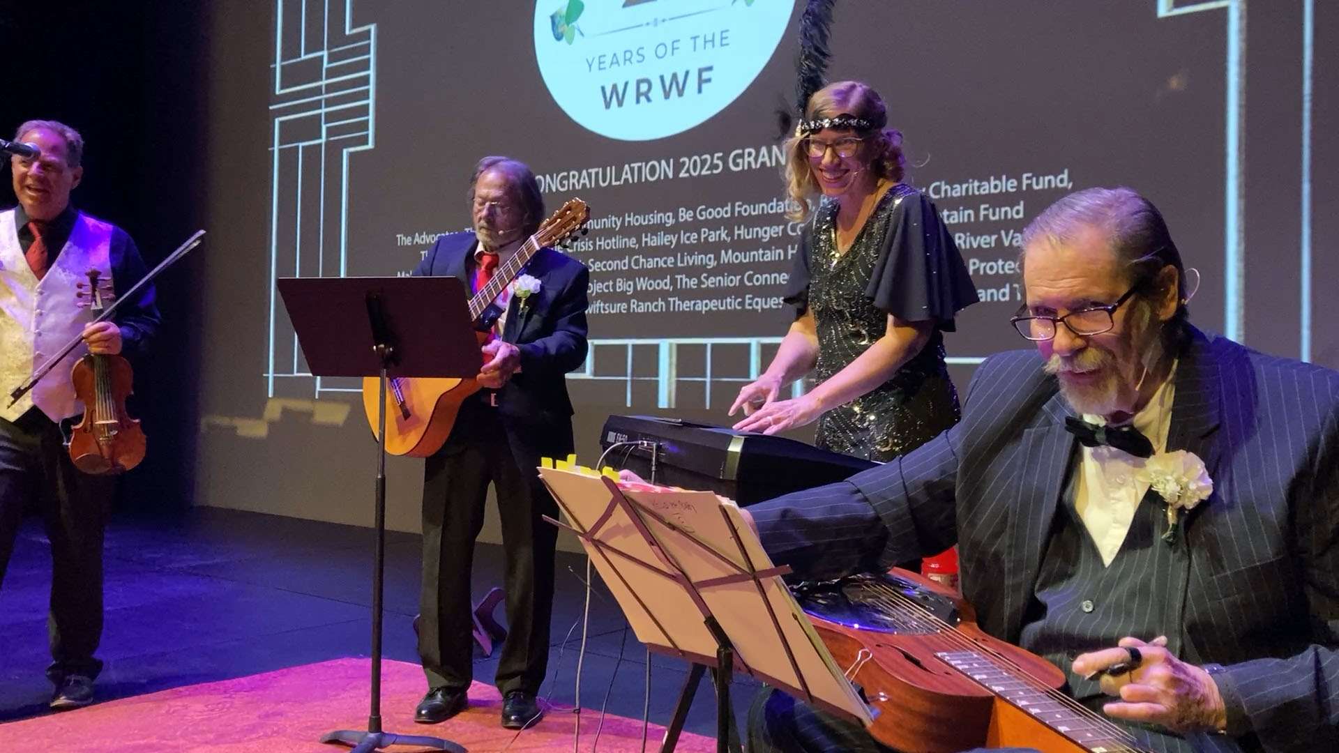 The Do Lollies performing vintage 1920s jazz on stage at the Argyros Theater in Sun Valley